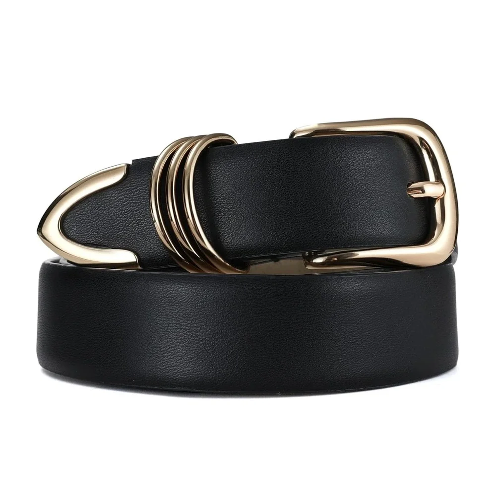 Women's Large Black Faux Leather Belt with Decorative Gold Belt‎ Buckle & Triple
